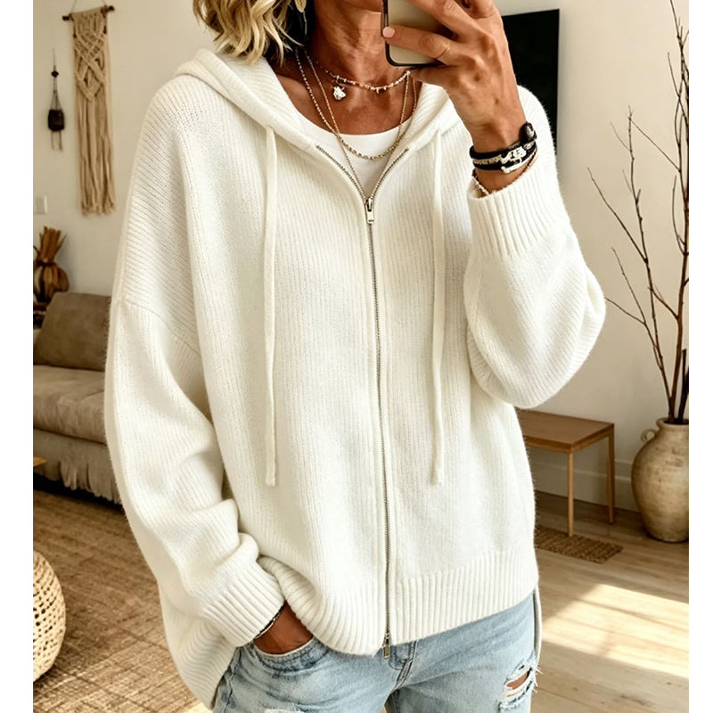 Dame løs strikket cardigan med glidelås og hette