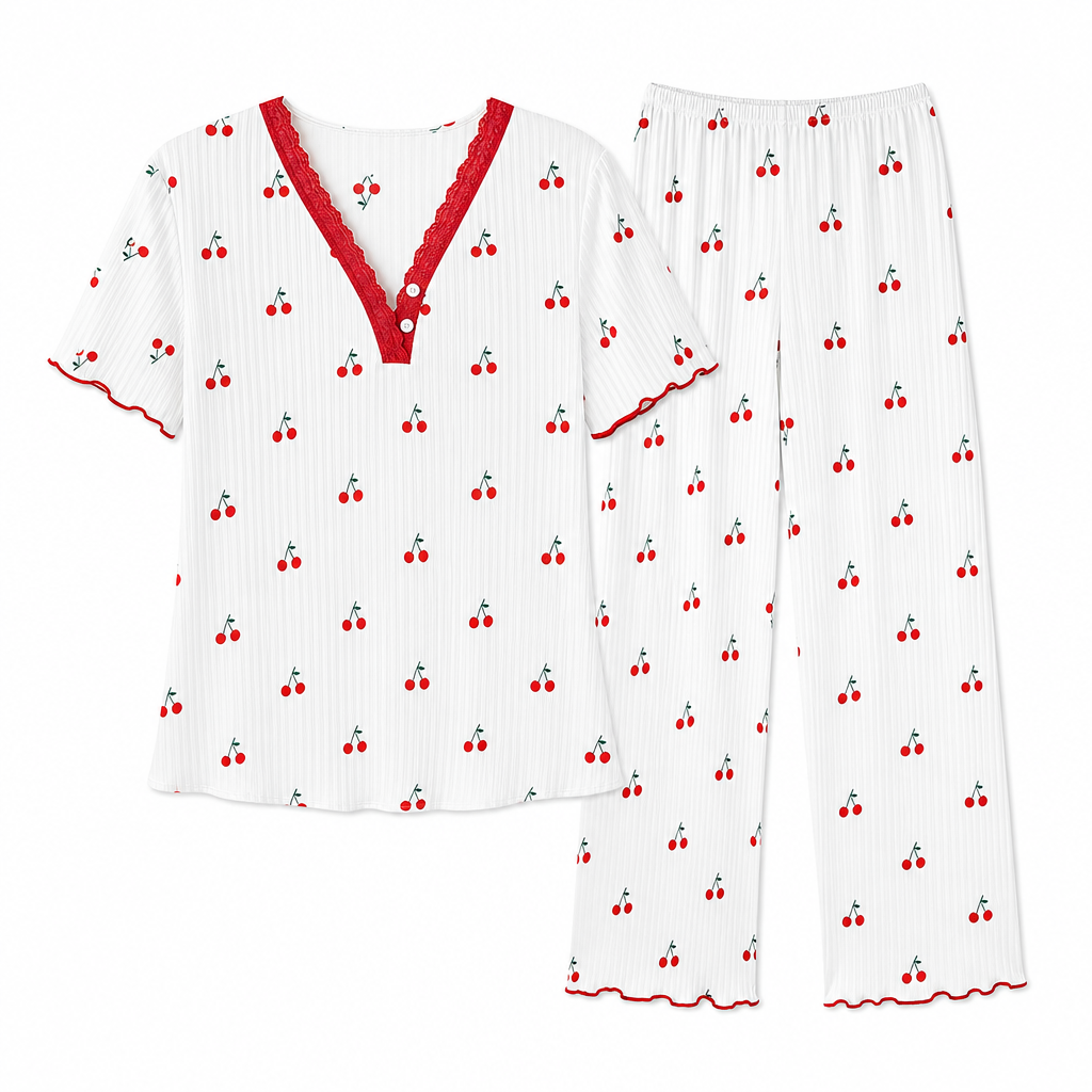 Damesett med printet pyjamas, kortærmet topp og langbukse, komfortabel og stretchy loungewear