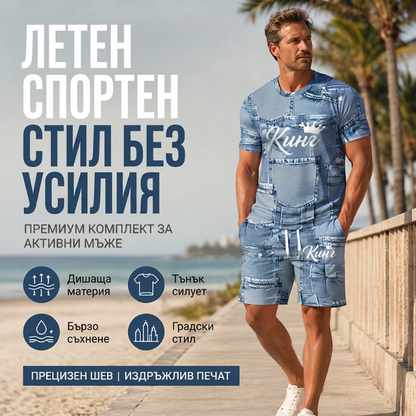 👕 Мъжки комплект, състоящ се от тениска в джинсов стил и шорти | Лека, проветрива екипировка за лятото ☀️