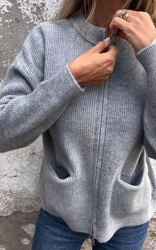 🎁 Ny modell 2026 💥 Strikkjakke med rund hals og glidelås 🧥