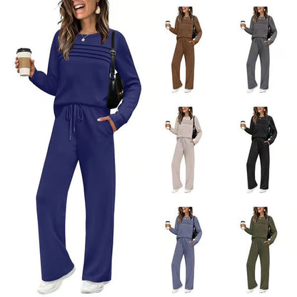 🔥50 % rabatt✨👚 Todelt damesett med topp i rund hals og bukse med snøring | Myk kvalitet og avslappet passform
