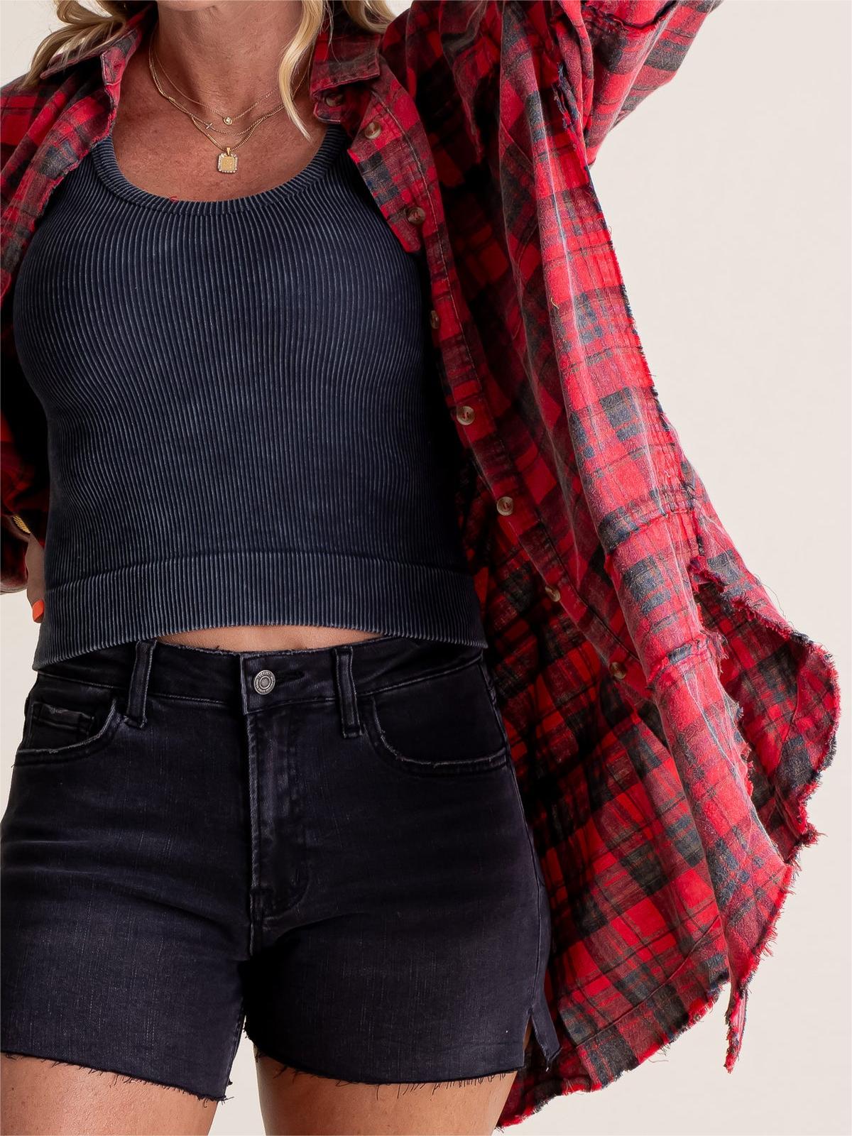 🏆Women's Mineral Washed Button Down Plaid Shirt