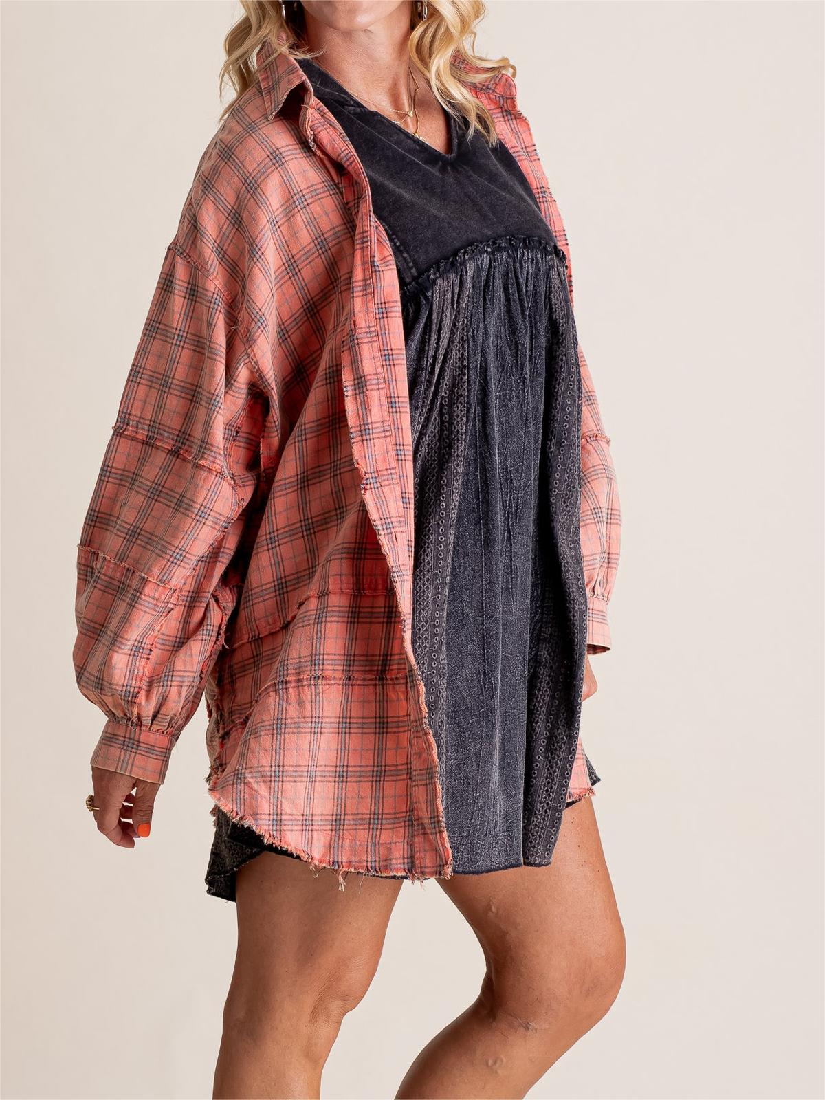 🏆Women's Mineral Washed Button Down Plaid Shirt