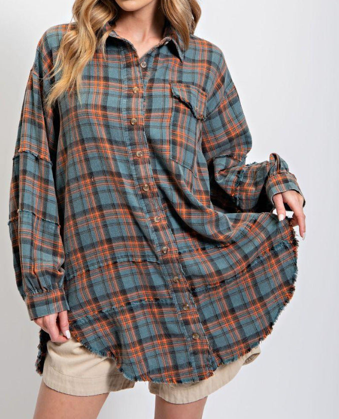 🏆Women's Mineral Washed Button Down Plaid Shirt