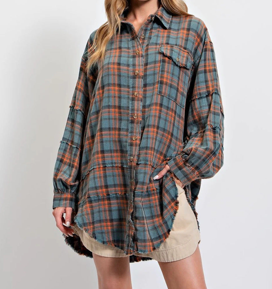 🏆Women's Mineral Washed Button Down Plaid Shirt