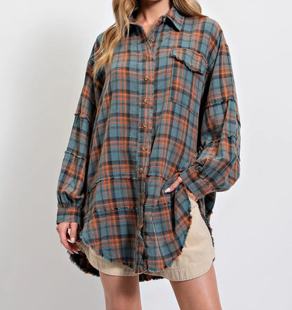 🏆Women's Mineral Washed Button Down Plaid Shirt