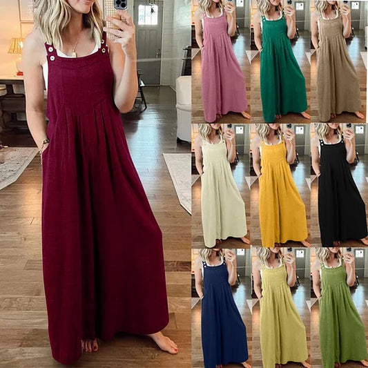 💝 Дамски гащеризон без ръкави с широки крачоли и джобове