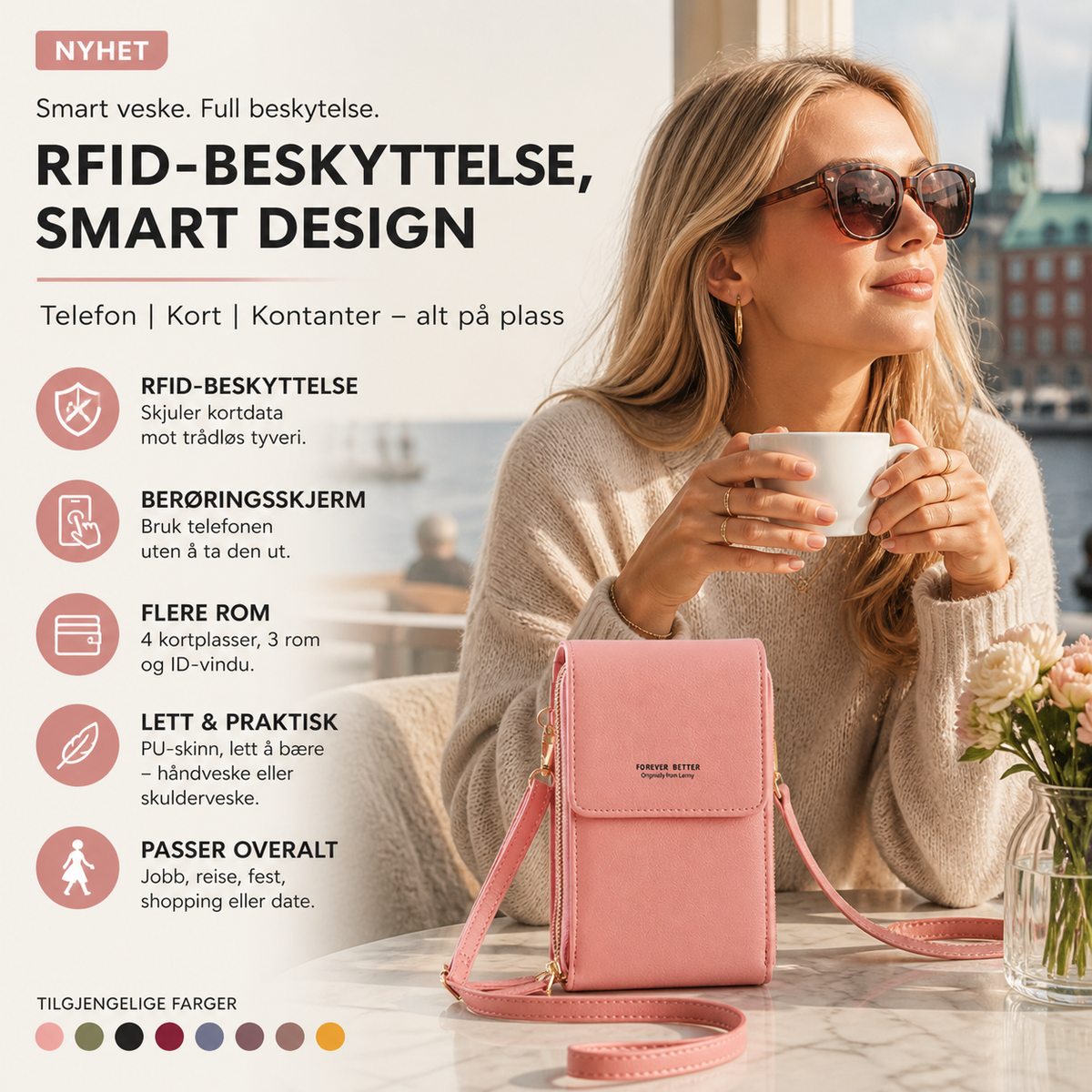 🔥50 % rabatt✨👛 RFID-beskyttet mobilveske i kunstskinn | 4 kortrom, justerbar stropp – til hverdag og reise