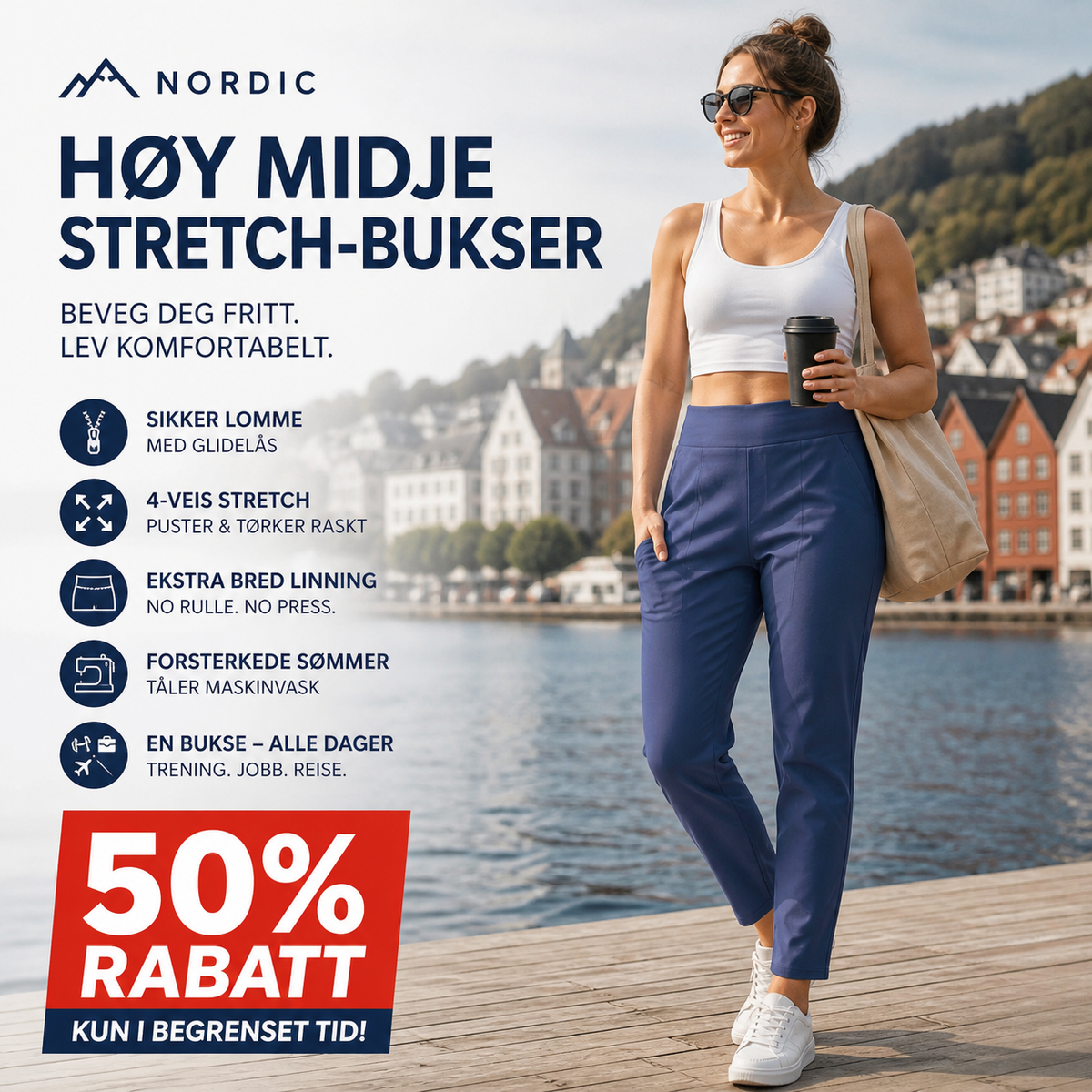 👖 50% RABATT – Høytaljede cargo-bukser – 4-veis stretch – glidelåslommer – pustende & hurtigtørkende – fra gym til gate – for hverdag og trening