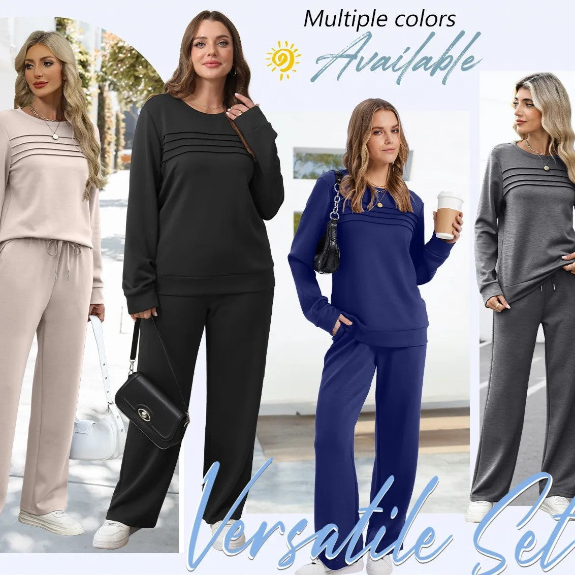 🔥50 % rabatt✨👚 Todelt damesett med topp i rund hals og bukse med snøring | Myk kvalitet og avslappet passform
