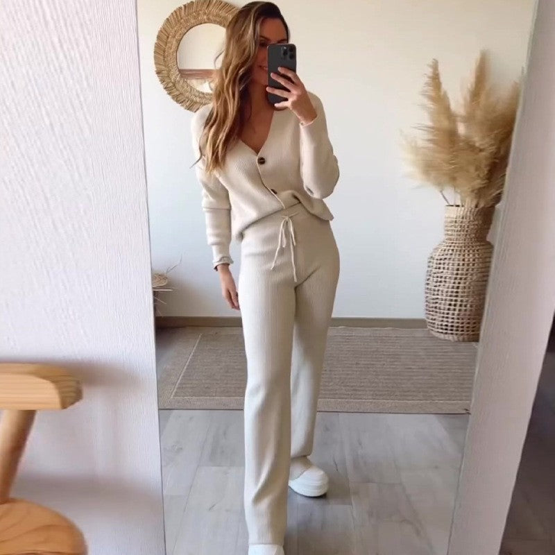 Solid Color V-Neck Slim Knit Pant Suit