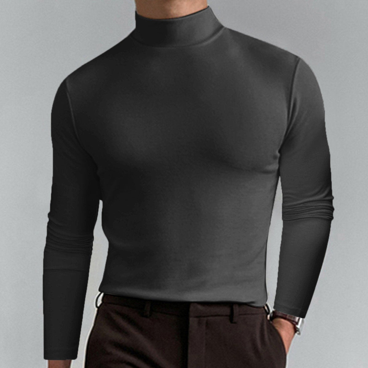 🔥Langermet T-skjorte med høy hals og slim fit for menn