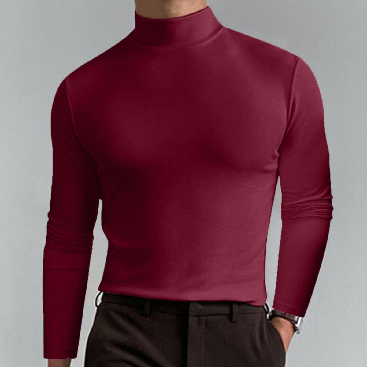🔥Langermet T-skjorte med høy hals og slim fit for menn