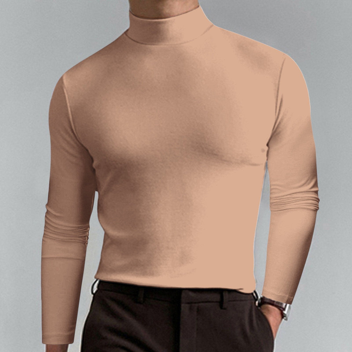 🔥Langermet T-skjorte med høy hals og slim fit for menn