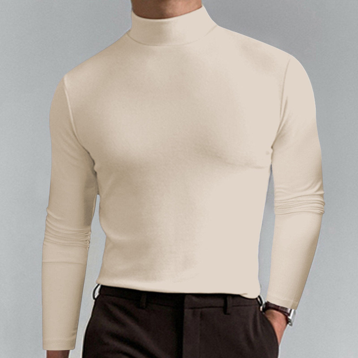 🔥Langermet T-skjorte med høy hals og slim fit for menn