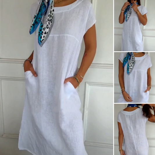 🌼Женски ленени кръгли врата къс ръкав рокля