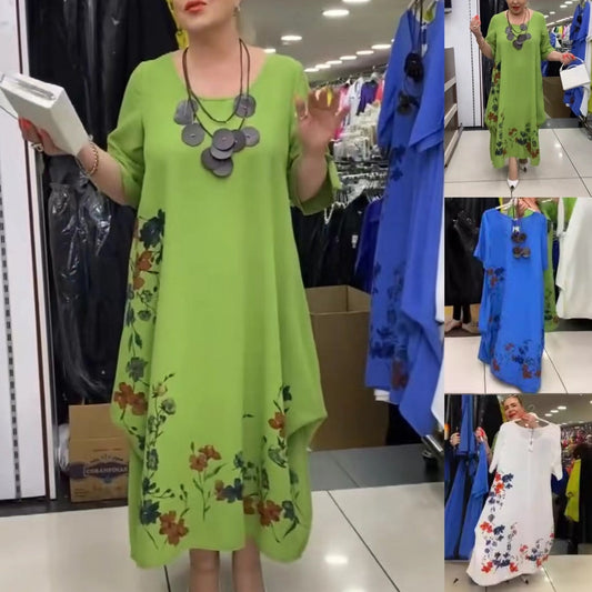 Дамска принтирана рокля с кръгло деколте и неправилен подгъв