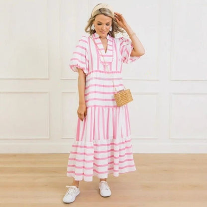 🌸Летни дамски раирани свободни случайни елегантни удобни рокли с къс ръкав