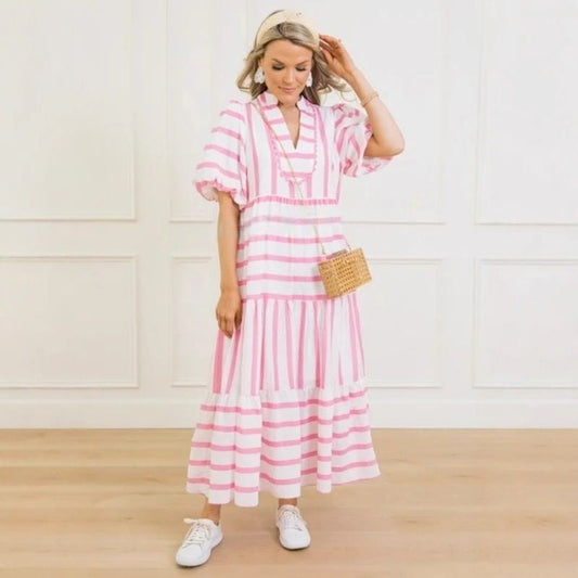 🌸Летни дамски раирани свободни случайни елегантни удобни рокли с къс ръкав