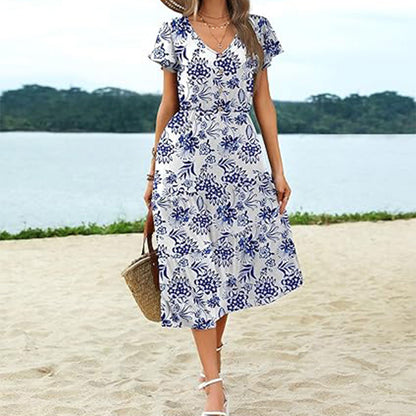 Женски случайни къс ръкав V-образно деколте течаща дълга рокля с джобове