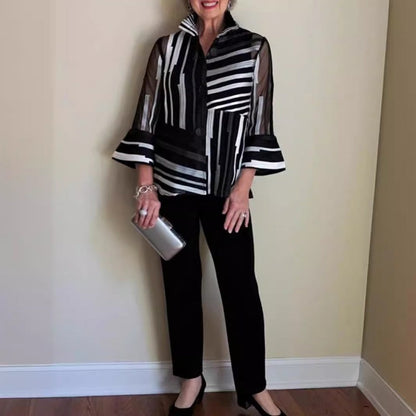 🔥👚👖Елегантен небрежен комплект от блуза и панталон в блокови цветове