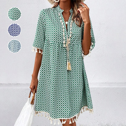 Дамска небрежна бохо рокля с принт, V-образно деколте и пискюли