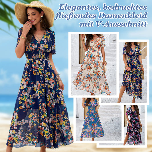 Дамска елегантна печатана плавна рокля с V-образно деколте