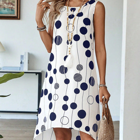 👗Женска мода печатни без ръкави кръгла врата рокля