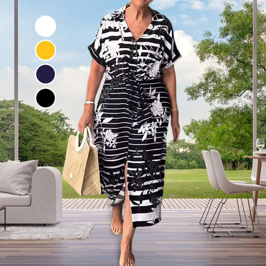 Флорална рокля на райета с къси ръкави и разкроен подгъв