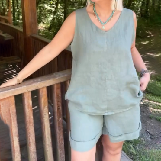 🏖️🎊Специални предложения за лятото🌴Женски комплект от горнище без ръкави с V-образно деколте и къси панталони