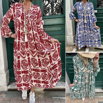 🌸Печатана плисирана рокля с V-образно деколте за жени