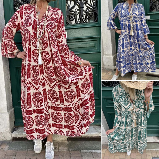 🌸Печатана плисирана рокля с V-образно деколте за жени