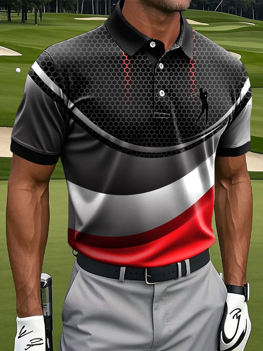 Мъжки ретро вълнообразна линия пачуърк изкуство печат случайни бизнес поло риза