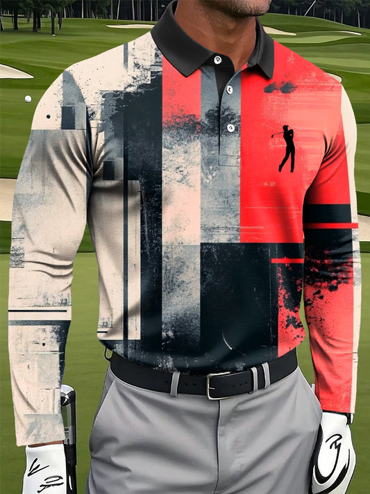 Мъжки ретро геометрични цветни мастило изкуство печат случайни бизнес с дълги ръкави поло риза