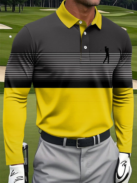 Мъжки ретро геометрична райета пачуърк изкуство печат случайни бизнес с дълги ръкави поло риза