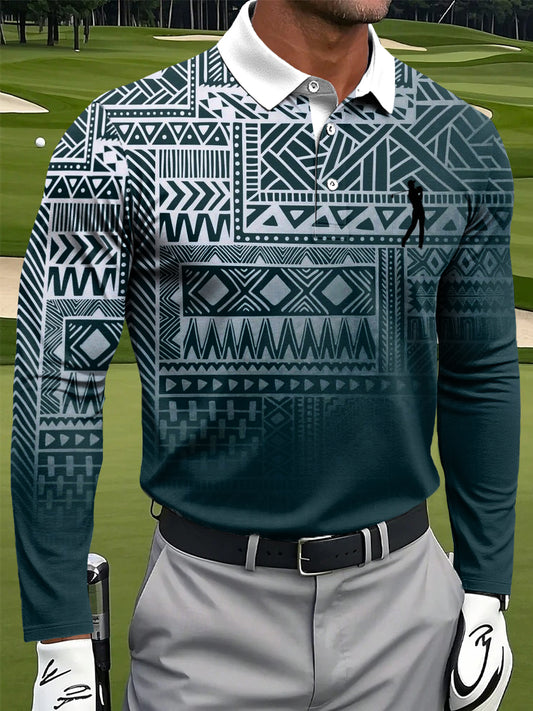 Мъжки ретро градиент етнически геометрични изкуство печат случайни бизнес поло с дълги ръкави
