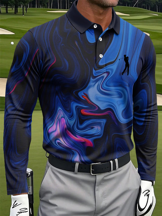 Мъжки ретро мрамор текстура изкуство печат случайни бизнес с дълги ръкави поло риза