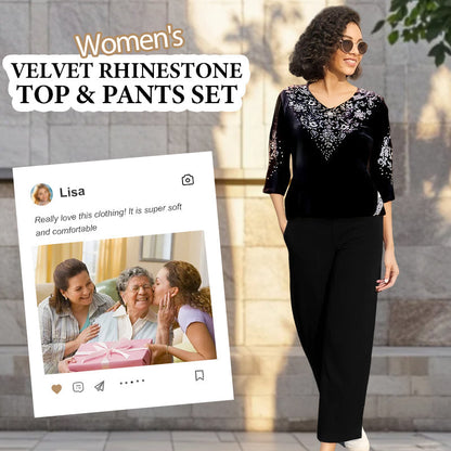 🌺Дамски комплект от кадифена блуза с кристали и панталони
