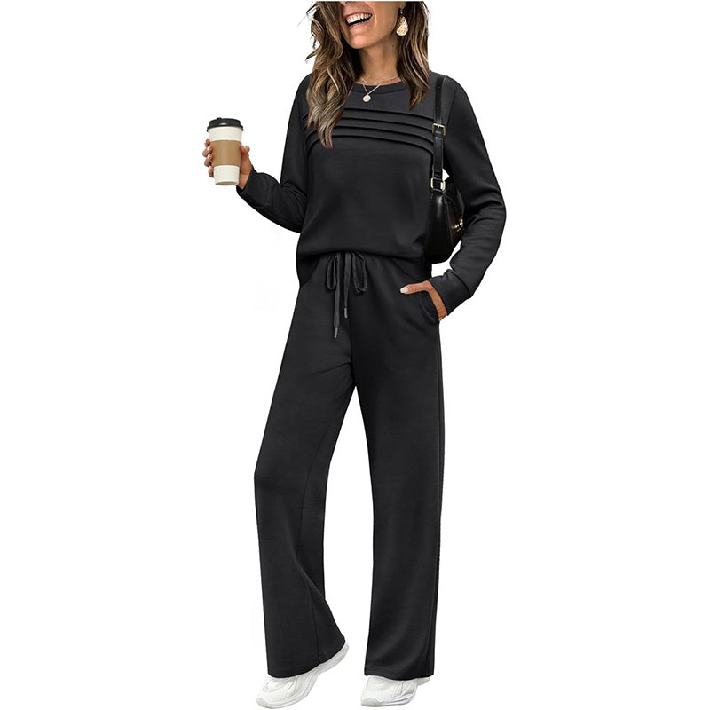 🔥50 % rabatt✨👚 Todelt damesett med topp i rund hals og bukse med snøring | Myk kvalitet og avslappet passform
