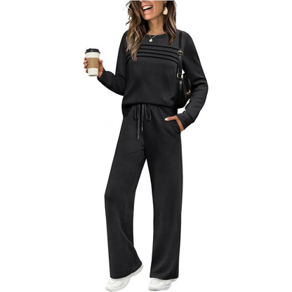🔥50 % rabatt✨👚 Todelt damesett med topp i rund hals og bukse med snøring | Myk kvalitet og avslappet passform
