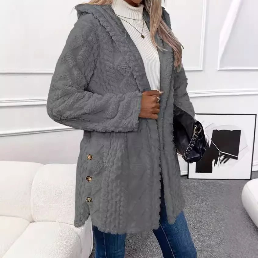 🧥 Varm damejakke med hette og diamantmønster