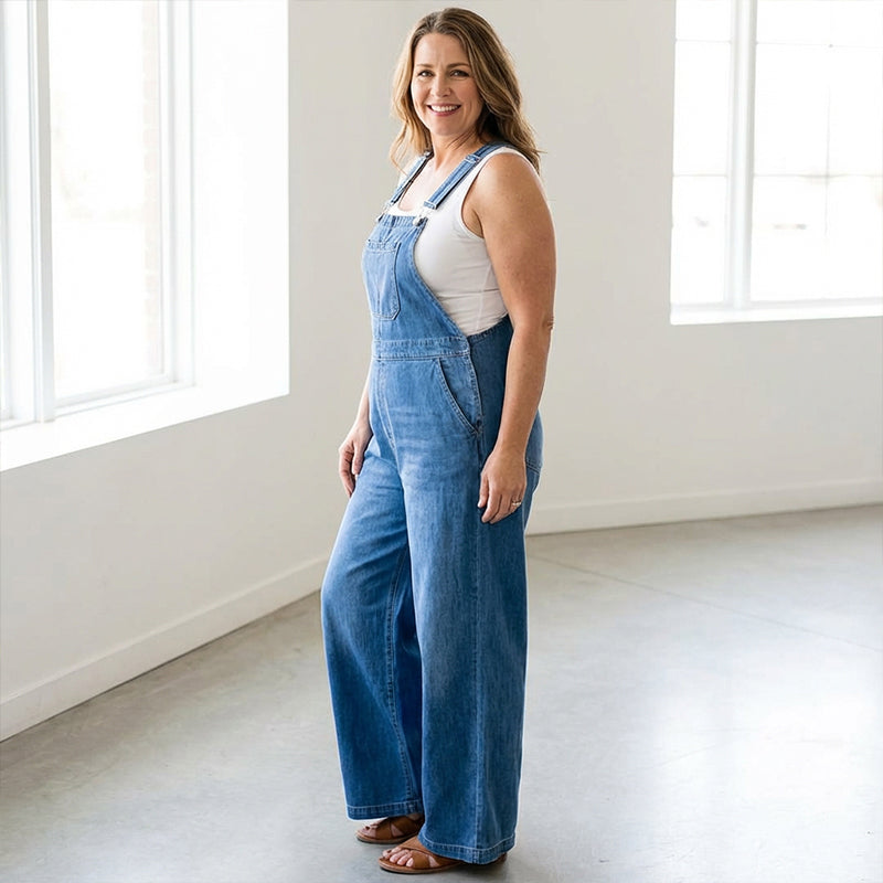 🔥 50% RABATT – KUN FOR EN BEGRENSET PERIODE! 👗 Dame Casual Dongerikjeledress med Vide Ben – Justerbare Stropper & Løs Passform ✨