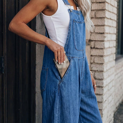 🔥 50% RABATT – KUN FOR EN BEGRENSET PERIODE! 👗 Dame Casual Dongerikjeledress med Vide Ben – Justerbare Stropper & Løs Passform ✨