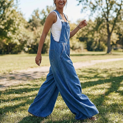🔥 50% RABATT – KUN FOR EN BEGRENSET PERIODE! 👗 Dame Casual Dongerikjeledress med Vide Ben – Justerbare Stropper & Løs Passform ✨