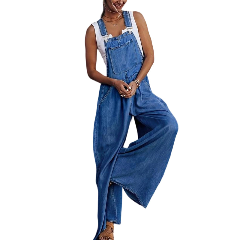 🔥 50% RABATT – KUN FOR EN BEGRENSET PERIODE! 👗 Dame Casual Dongerikjeledress med Vide Ben – Justerbare Stropper & Løs Passform ✨