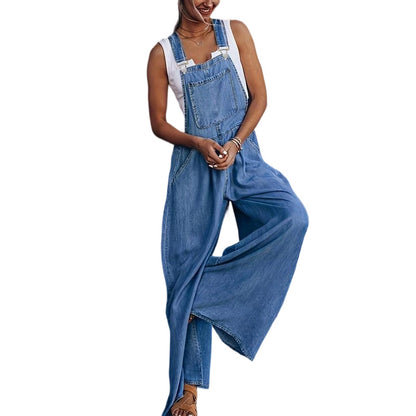 🔥 50% RABATT – KUN FOR EN BEGRENSET PERIODE! 👗 Dame Casual Dongerikjeledress med Vide Ben – Justerbare Stropper & Løs Passform ✨