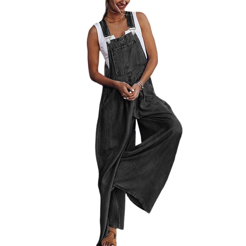 🔥 50% RABATT – KUN FOR EN BEGRENSET PERIODE! 👗 Dame Casual Dongerikjeledress med Vide Ben – Justerbare Stropper & Løs Passform ✨