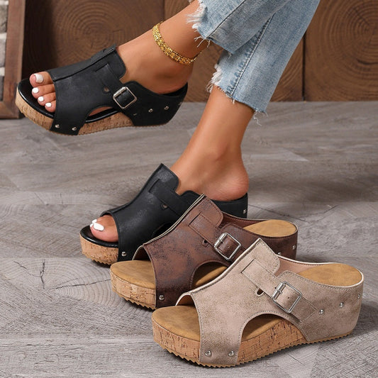 Дамски модни сандали с отворени пръсти и платформа тип "клин" 👠✨