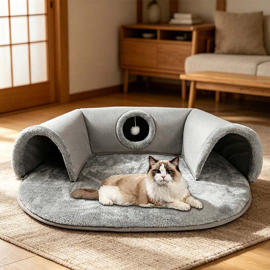 🐱 🛏️Плюшено легло за котки „2 в 1“ с тунел – Устойчиво на драскане и удобно🐾