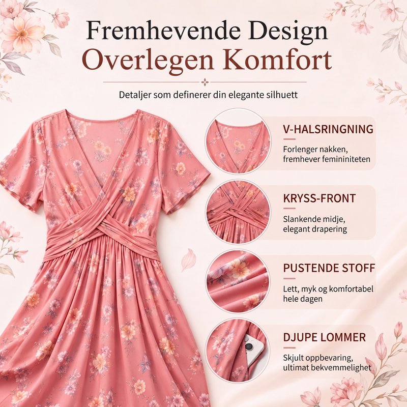 🔥Siste dag: 50% rabatt! 👗Kjole med V-hals, blomsterprint og vridd midje for kvinner🎁